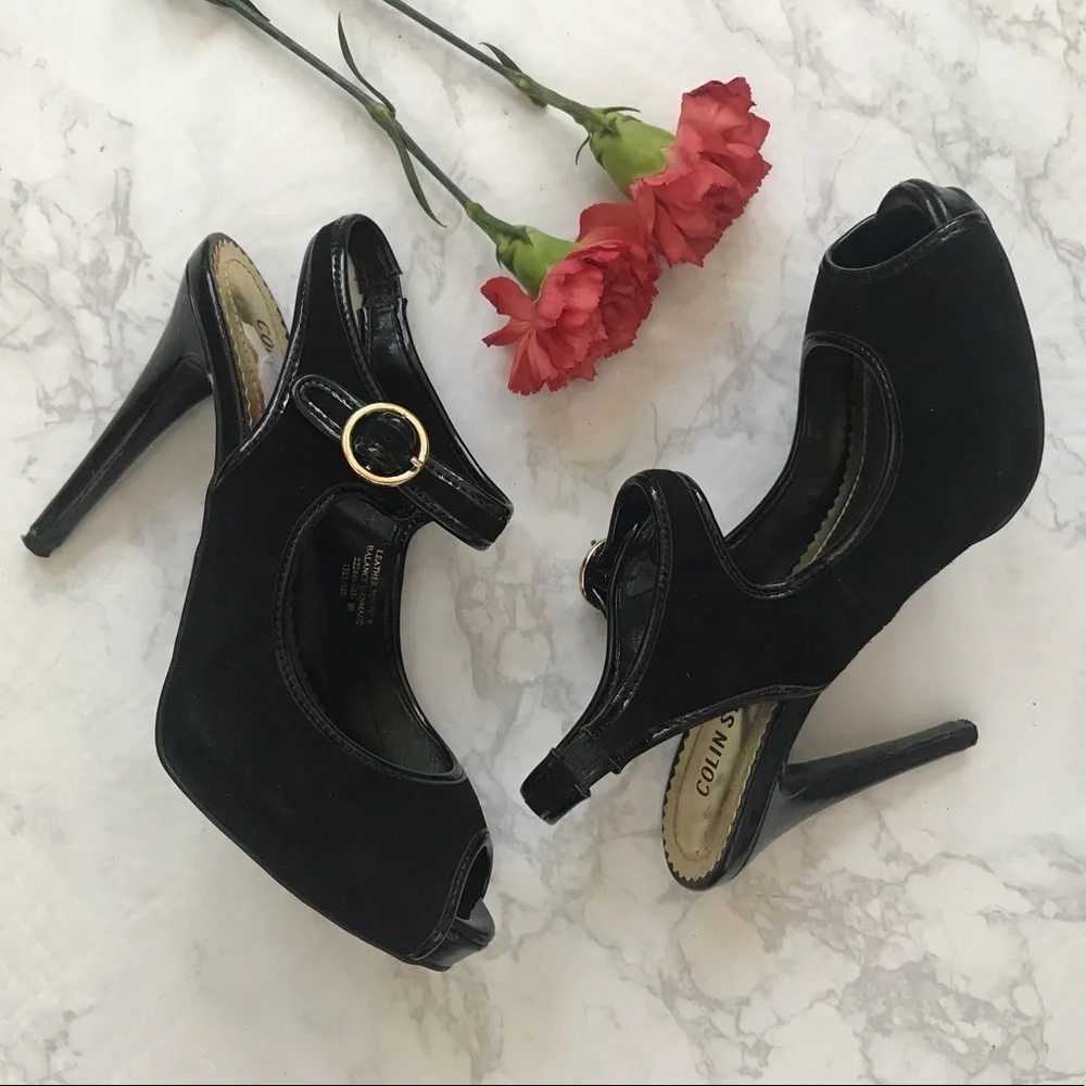 Colin Stuart black suede peep toe heels 8.5